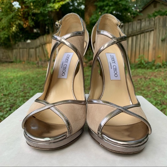 Jimmy Choo Leondra 120 SMT nude suede mirror leather pumps 39 - Picture 2 of 15